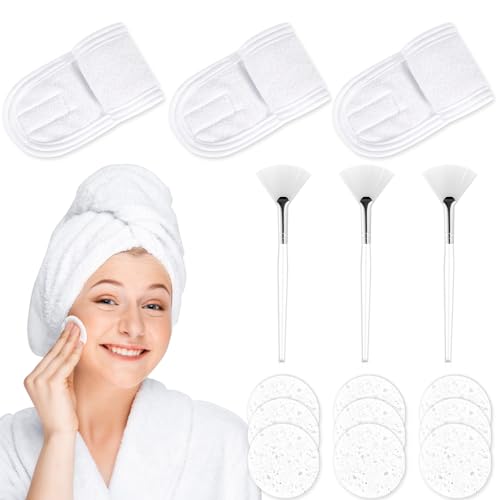 Juego de 3 pinceles para mascarillas, 3 unidades, para cosméticos, cinta de pelo, con velcro, 9 unidades, esponjas faciales comprimidas, reutilizables, para tratamientos faciales faciales, 3 unidades