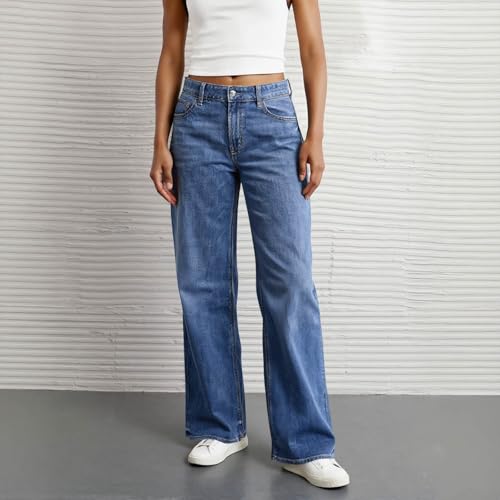 Women Jeans Trendy Wide Leg Stretchy Jeans High Waist Straight Leg Jean Mom Loose Cinch Baggy Jean with Pockets Boyfriend Cute Denim Pants Flare Baggy Palazzo Pants Cowgirl Outfits Prison Blues2