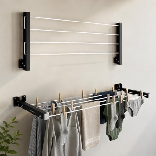 Image of TAGGY Heavy Duty 4 Layer Foldable Cloth Drying Stand for Balcony with 40 Feet Rope | Cloth Drying Stand | Wall Hanging Clothes Dryer Rack for Balcony & Indoor Wall Mounted Laundry Hanger Grey