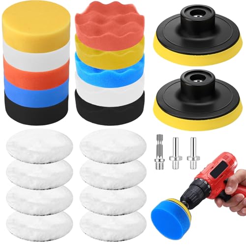 23 Pcs Esponja Pulir Coche, 80mm Kit Pulido Coches, Pulimento Coche Esponja de Pulido, Kit de Aplicador de Esponjas, Almohadillas de Pulido de Lana, para Lijar Cncerar Pulir Coches com M10 Adaptador