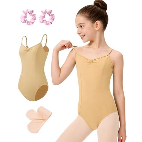 MOLLDAN Girls Princess Dance Leotard Adjustable Camisole Ballet Leotard with Tight Scrunchie,Full Lining Nude 10Y8-10 Years)