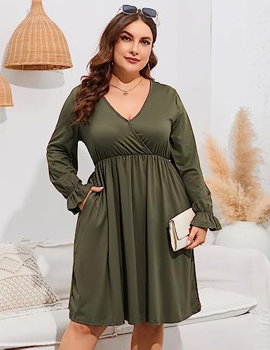 Image of ShopWonder Plus Size Dress Women's V Neck A-Line Knee Length Wrap Swing Dresses Plus Size A Line Party Mini Dress