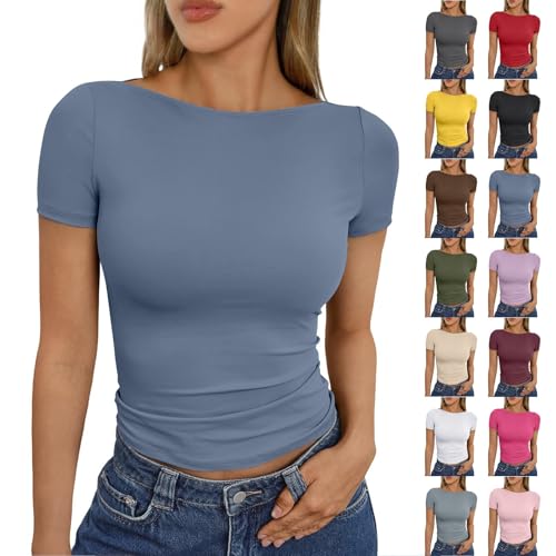Compra Online, Ropa Mujer Primavera 2025 Algodón Estampada Camisetas Manga Corta Mujer Verano Cuello Redondo Top Camiseta Basica Blusas Mujer Slim Fit T Shirts Azul Real L