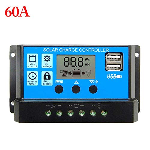 libelyef 60A/50A/40A/30A/20A/10A 12V 24V Solar Charge Controller Auto Solar Panel Controller Intelligent Regulator PWM Digital Timer LCD Display Dual USB Output Charging