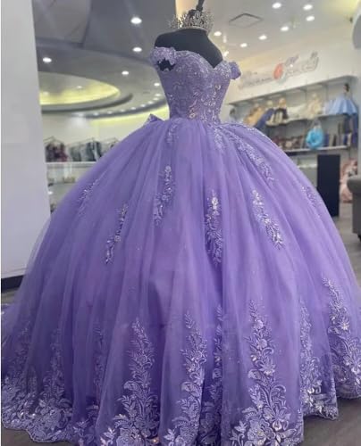 ZVOCY Off The Shoulder Quinceanera Dress Ball Gown Puffy Lace Beaded Prom Sweet 15 16 Dresses with Bow2