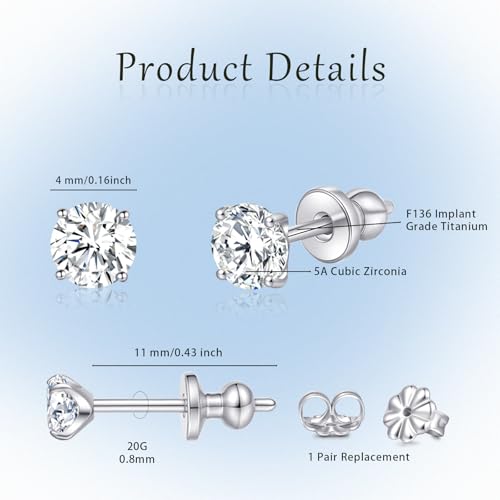Limerencia G23 Pure Titanium Earrings F136 Implant Grade Titanium Studs 20G Hypoallergenic Round Cubic Zirconia/Princess-Cut/Square/Ball Earrings for Women Men Sensitive Ears3