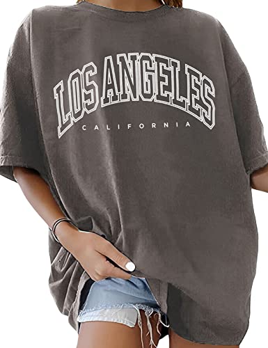 TOMEEK Camisetas Oversize Mujer Letras Creativas Camisetas Manga Corta Mujer con Cuello Redondo T Shirt Pullover Extragrande Tops Mujer Verano de Algodón Puro, Gris Oscuro, Talla XL