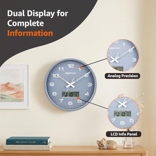 Image of Amazon Basics 12.5 Inch Analog Digital Wall Clock with LCD Display | Day Date Month Temperature | Silent Sweep Quartz Movement | Large Easy Read Numbers | Dual Battery Operated for Home Office (Grey)