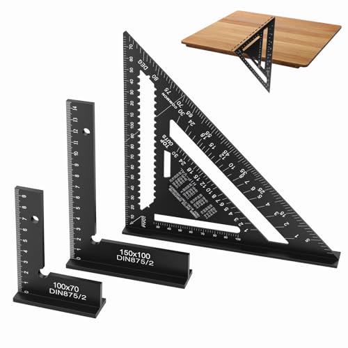 Wozzies 3PCS Escuadra Carpintero, 180mm Regla Métrica Triangular de Aluminio, 2 Metalicas Carpintero 90°, Herramientas para Medir, Marcar, Cortar, para Carpinteros, Techadores e Ingenieros