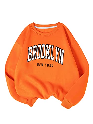 Wdirara Women'S Letter Graphic Print Round Neck Long Sleeve Casual Pullover Sweatshirt Tops Orange City Xs cover