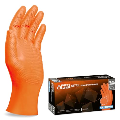 50x PROGRIP Guanti nitrile XXL Arancione [Extra resistenti], Guanti monouso plastica, 2x più spessi, con finitura diamantata, Guanti in nitrile per industria e montaggio, guanti lavoro