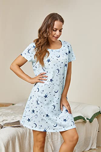 Pnaeong Women's Cotton Nightgown Sleepwear Short Sleeves Shirt Casual Print Sleepdress Xtsy108-Blue Star-Xl #TOP1