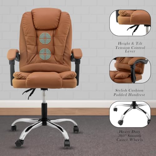 Image of Casa Copenhagen Italia Premium Leatherette Office Chair for Work | Boss Chair, Ergonomic Executive, Luxurious Cushioned Arms & Seat, 2 Point Back Massager, Heavy Duty Metal Base (Mud Brown)