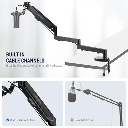 Image of NEEWER MS002 Low Profile Desk Mic Boom Arm Stand with 360 Swivel Adjustable Pneumatic Damping Cable Management Cleaning Cloth, Desktop Mount Holder Compatible with Shure MV7 SM7B Blue Yeti Microphone