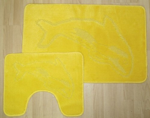 Artistic Fashionista 2Pcs Luxury DOLPHIN DESIGN Bath Set Non Slip and Absorbable 100% Polypropylene Washable Pedestal Mat and Bath Mat Bathroom Rug (Yellow/Lemon)