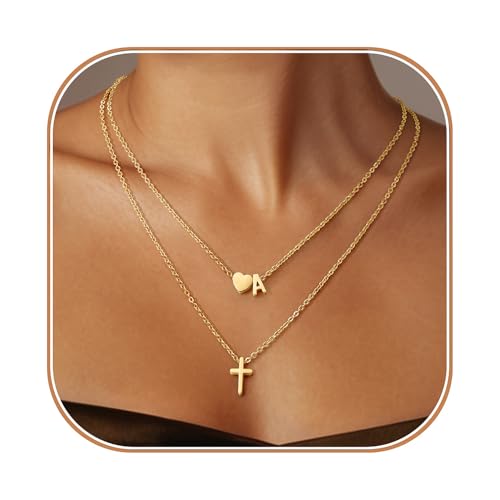 Cross Necklace, Layered Initial Necklaces for Women,Dainty 18K Real Gold Plated Heart Initial Necklace, Personalized Gifts for Women Teen Jewelry
