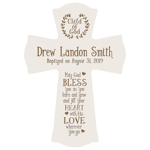 Image of LifeSong Milestones Personalized Ivory Baptism Cross for Girls - Wooden Wall Cross Decoration - Christening, Baby Dedication & First Communion Gifts Ivory 8.5x11