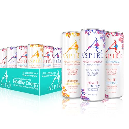 Aspire Healthy Energy Drink with Natural Caffeine - No Calories, Sugar and Carbs | Vitamins B, C, & Biotin | No Preservatives, Gluten Free | Suitable for Vegan, Kosher, Keto-Friendly |12 oz can, Tropics Variety Pack - 12 fl oz (Pack of 12)