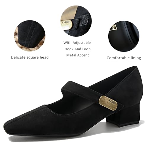 Women's Suede Square Toe Low Chunky Heel Mary Janes with Adjustable Hook and Loop Fashion Metal Accent Comfortable Block Heel Non-Slip Pumps for Wedding Party Dress Work4