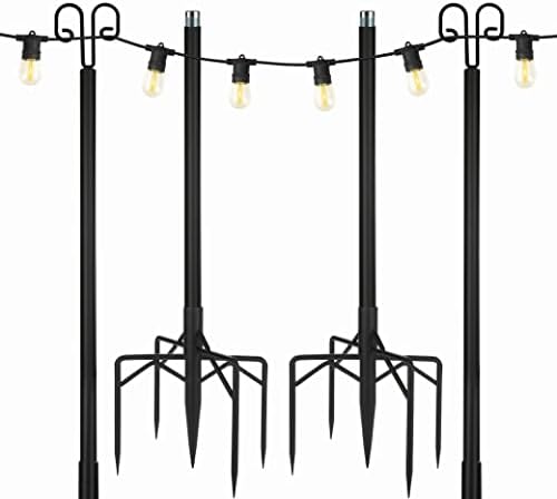 fevaki String Light Poles for Outdoor String Lights 2 Pack,9.3FT Height Adjustable Metal Stand Pole with Hooks for Hanging String Lights，Garden, Backyard, Patio Lighting Stand for Parties, Wedding