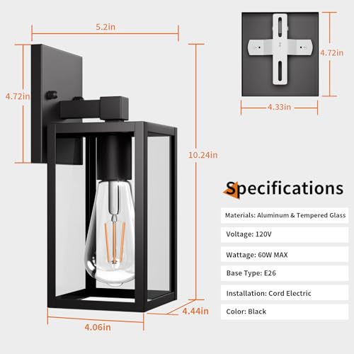 Outdoor Light Fixtures Wall Mount, Waterproof Front Porch Lights, Modern Exterior Lighting Fixtures with E26 Socket, Black Wall Sconces Lantern Lamp, Outside Lights for House, Garage, Patio (2 Pack） by FNYUSLET - Image 6