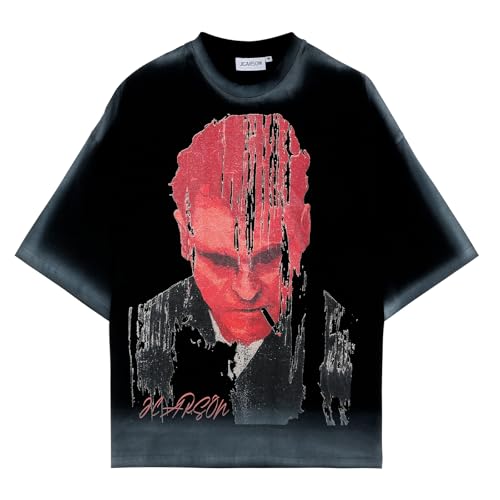 JCARSON Mens Vintage Graphic Tee Distressed Acid Washed Oversized T Shirt Heavyweight 100% Cotton Short Sleeve Crewneck Tshirts Summer Casual Unisex Top for Men & Women, Black Portrait Print, Medium