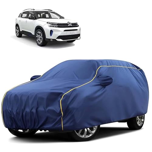 Image of Sulfar 100% Water Resistant Car Body Cover Compatible with Mirror for CITROEN C5 AIRCROSS SUV (Triple Stitched, Full Bottom Elastic, Blue Tafetta with Yellow Piping)