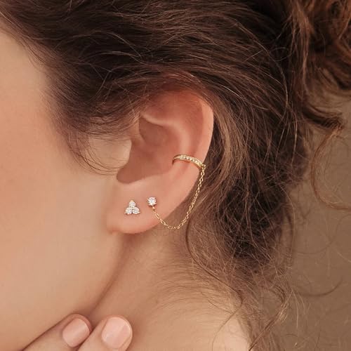 Pencros Ear Cuff Chain Earrings for Women Trendy, 14K Gold Plated Minimalist Chain Diamond Studs Earrings for Women Hypoallergenic Lightweight Stackable Earrings for Women Gift Jewelry3