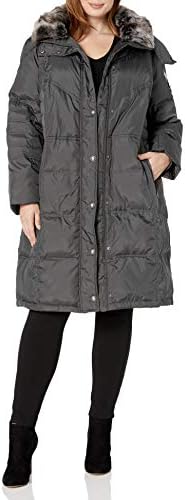 London Fog Women's Plus-Size Mid-Length Faux-Fur Collar Down Coat with Hood, Gunmetal, 1X