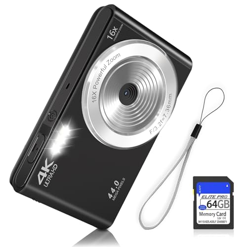 44MP FHD 4K Autofocus Kids Camera with 16x Zoom, Compact Point and Shoot Camera for Kids with 64GB SD Card, 2 Batteries, Simple Small Digicam for Teens (Black)