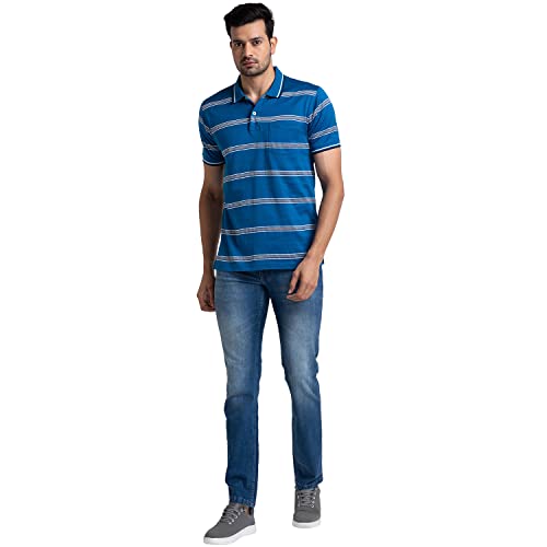 Image of Colorplus Men's Pure Cotton Stripe Pattern Tailored Fit Polo Neck Half Sleeve Casual T-Shirt