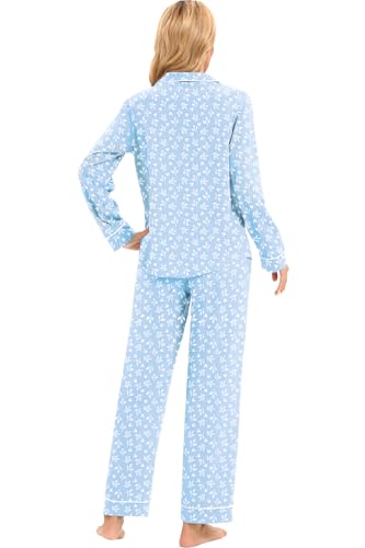 Image of LUBOT 100% Cotton Pajamas for Women Pajama Set 2 Piece PJ Sleepwear Set Soft Ladies Button Knit Long Sleeve Loungewear XS-XXL