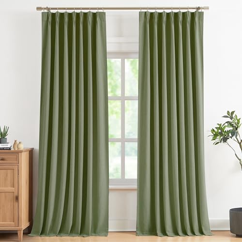 Image of Vision Home Dark Green Pinch Pleated Full Blackout Curtains Linen Blended Room Darkening Curtain Panels 108 inch for Living Room Bedroom Thermal Insulated Pinch Pleat Drapes with Hooks 40 inch Wx108 Lx2