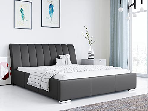 MKS MEBLE - Milano Polsterbett mit Kopfteil - Doppelbett mit Bettkasten für Schlafzimmer, Jugendzimmer - Deko Bed mit Lattenrost - 180x200 - Schwarz Kunstleder Cover