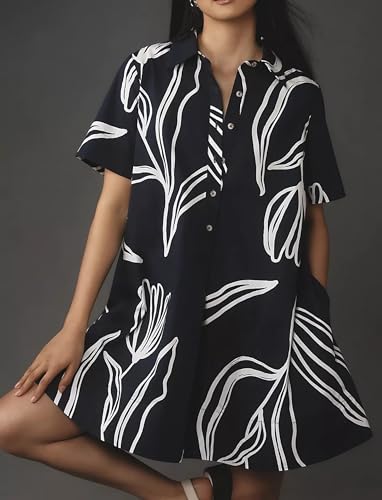 Image of Dsewpaur Short Sleeve Swing Tunic Mini Dress for Women Button Up Shirt Blouse Short Dress Summer Casual Flowy A Line Dress