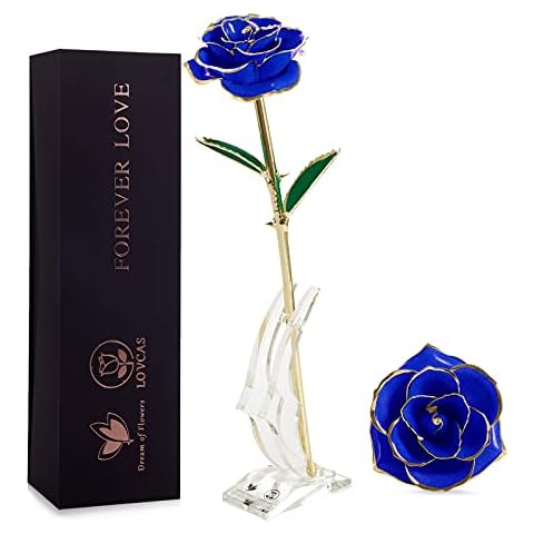 24K Golden Rose,Long Stem 24k Gold Dipped Rose Lasted Real Roses with Stand, Romantic Gift for Valentine's Day/Mothers Day/Christmas/Birthday/Best for Her,Mom,Wife (Blue) Cover