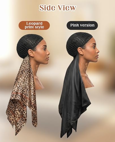 PASDUCHAS 2-In-1 Wrap Cap Hair Net and Scarf, 2 Packs Silk Press Wrap Black & Leopard Print Bonnet for Hair Care, Shower Cap, Neck Scarf and Fashionable Shawl