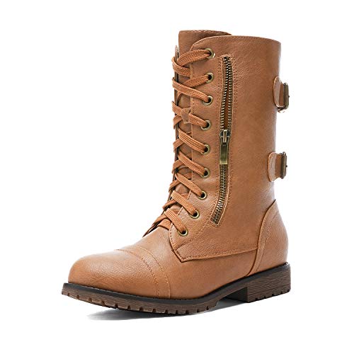 DREAM PAIRS Women's Mid Calf Built-in Wallet Pocket Lace up Military Combat Boots 5.5 Camel