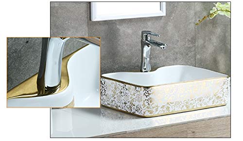 Image of InArt Designer Ceramic Wash Basin /Vessel Sink /Over or Above Counter Top Wash Basin for Bathroom Rectangle Shape Golden White 19 x 14 x 5 Inch