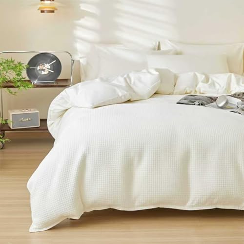 DCSKY Cotton Duvet Cover Queen,100% Cotton Waffle Weave White Duvet Covers Queen Size,Luxury Textured & Breathable 3pcs with 2 Pillow Shams for All Season 90x90 Inches