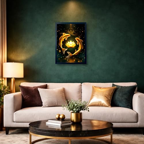 Image of ARTFUL TOY BOX - Golden Koi Fish with Lotus Photo Frame Wall Art for Home Decor | Feng Shui Wealth, Luck & Harmony Wall Decor for Living Room & Office | HD Glossy Print | Premium Fiber Black Frame - 12x18 Inch (30x45 cm) (Design 4)