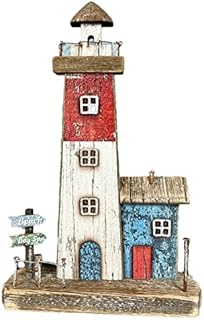 Darthome Ltd Wooden Coastal Lighthouse Ornament Rustic Nautical Seaside Bathroom Decoration 26cm, White, Blue & Red