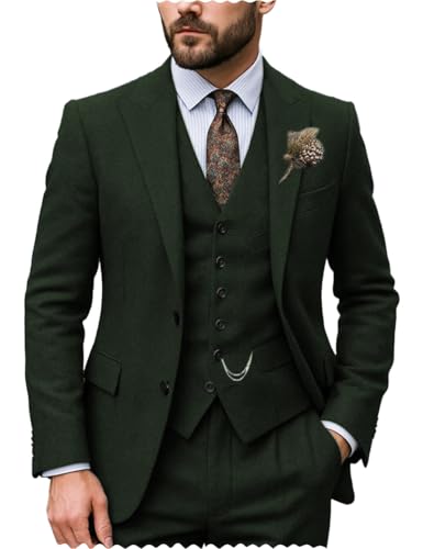 Men's Suits Slim Fit 3 Pieces Prom Tuxedos Tweed Herringbone Jacket+Waistcoat+Trousers Wedding Grooms2