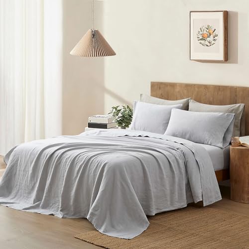 Image of ATLINIA 100% Pure Flax Linen Bedding Set - Stone Washed French Linen Fabric Deep Pocket Fitted Sheet Farmhouse Flat Sheet 2 Pillowcases (Light Grey, Full)