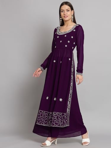 Image of PH POSHAKHUB Women A-Line Nyra Cut Kurta with Sharara in Georgette with Aari Work