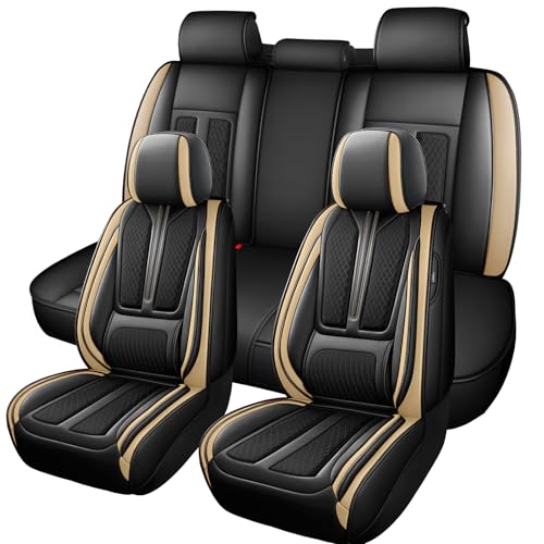 Image of Seat Covers Full Set,Nappa Leather Car Seat Covers for Front and Back,Waterproof Universal Fit Car Seat Cushion,Automotive Seat Protector for Most Sedans SUV Pick-Up Truck Sedans,Black&Beige