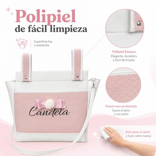 Miniatura 4 de Various Bolso Carro Bebe Polipiel Pañalera Organizador Personalizado Con Nombre Bordado Bolsa Maternidad Bolso Hospital Bebé Con Asa Larga Para Colgar Blanco Rosa
