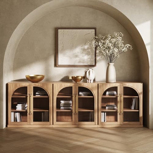 Image of BELLEZE Set of 3 Modular Sideboard with Arched Glass Door, 97'' Accent Display Buffet Cabinet with Storage and Adjustable Shelves,Classic Modern Credenza for Living Room Kitchen Entryway (Camel)