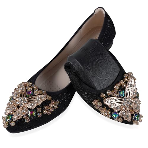 YOUNIFIZ Women's Ballet Flats Foldable Casual Sparkly Jewels Wedding Ballerina Shoes Comfort Slip on Walking Dolly Shoes (Black-5,Size 9)