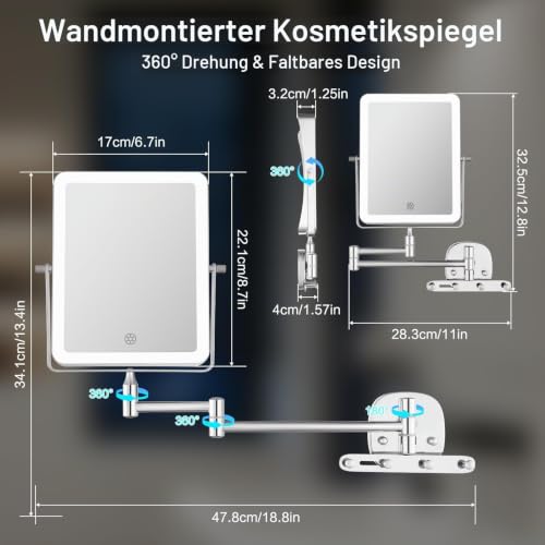 ANNWA Wiederaufladbar Kosmetikspiegel mit LED Beleuchtetung,1X/7X Spiegel Vergrößerung Wandmontage,Dimmbarer Rasierspiegel 3 Farben… – Ansicht 6